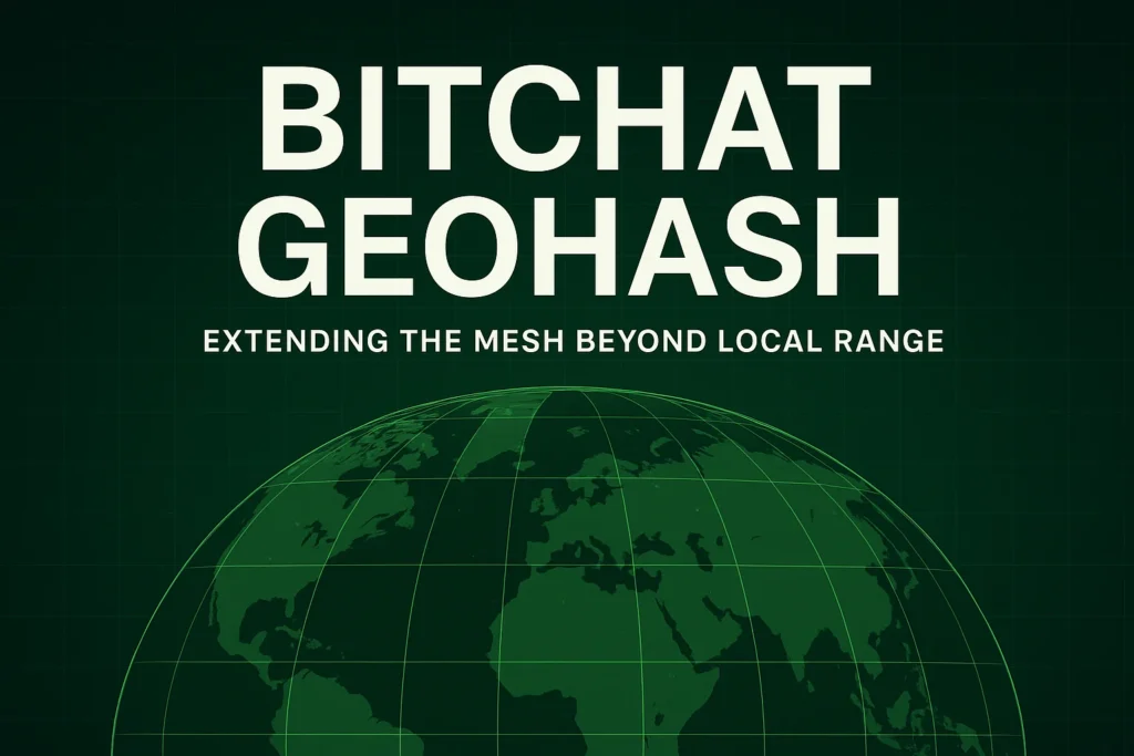 Illustration of BitChat Geohash showing a digital green globe with grid lines and the text “BitChat Geohash – Extending the Mesh Beyond Local Range,” representing global decentralized Bluetooth mesh communication.